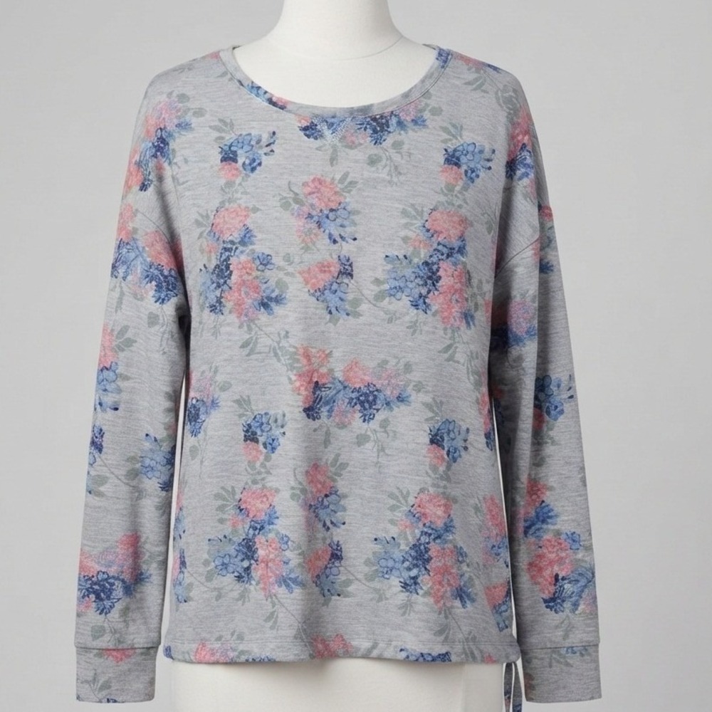 Maurices Women Gray Floral‎ Long Sleeve Side Tie Knit Top Medium Pink Pullover